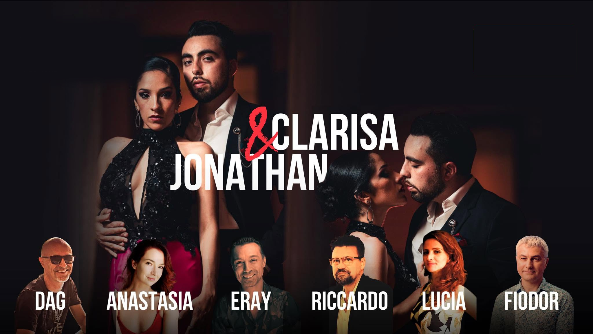 Tango & Wine Festival 2026 poster featuring Clarisa, Jonathan and the festival TDJs